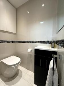 a bathroom with a white toilet and a sink at Quaint 1BD Flat 5 mins from Emirates Stadium! in London