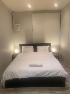 1 dormitorio con 1 cama blanca grande y 2 lámparas en Chez Maryline-joli T2 spacieux en Villeurbanne