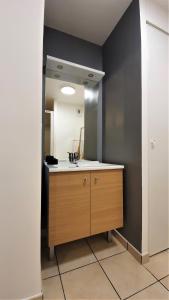 La salle de bains est pourvue d'un lavabo et d'un miroir. dans l'établissement Logement moderne et lumineux Terrasse et Parking, à Caen