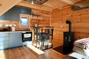 a kitchen with wooden walls and a stove in a room at Cottage Kolašin in Kolašin