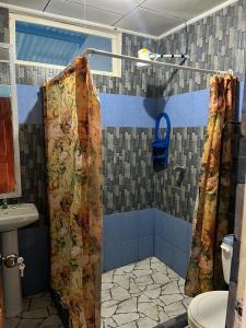 a bathroom with a shower curtain and a toilet at Hotel Margarita Sierpe in Sierpe