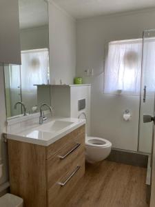 a bathroom with a sink and a toilet and a mirror at City Towers Apartments in Auckland
