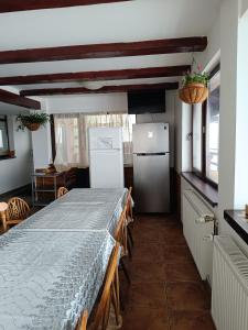 a kitchen with a table and a refrigerator in a room at Pensiunea Tania in Ranca