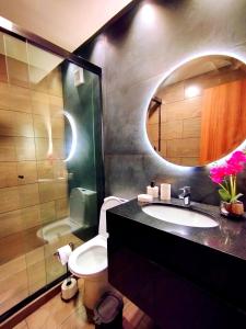 a bathroom with a sink and a toilet and a mirror at Bello apartamento en Equipetrol in Santa Cruz de la Sierra