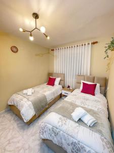 um quarto com 2 camas e almofadas vermelhas em Shkodra Apartment em Shkodër
