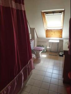 baño con cortina de ducha roja y aseo en Habitación para dos personas cama matrimonial y Habitación para una persona cama individual en Valdivia