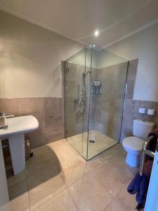 een badkamer met een douche, een toilet en een wastafel bij Parautane Lodge in Nelson