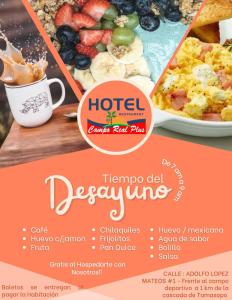 a flyer for a hotel deeyeville breakfast food at Hotel Campo Real Plus Tamasopo in Tamasopo