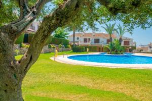 a swimming pool in a yard with a tree at Blue House Calafell in Calafell