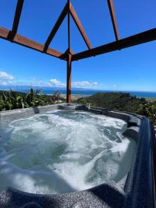 a jacuzzi tub with a view of the ocean at Parautane Lodge in Nelson