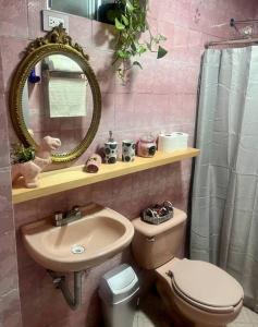 a bathroom with a sink and a toilet and a mirror at Depto. Equipado, 1 Habitación con estacionamiento in Tulancingo