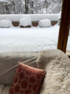 a couch with a pillow and a snow covered yard at Résidence Praz De La Legettaz - 4 Pièces pour 6 Personnes 574 in Val-d'Isère