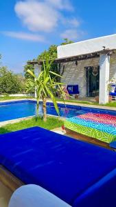 uma piscina com uma palmeira ao lado de uma casa em DMN - Dar Mama Noufissa 