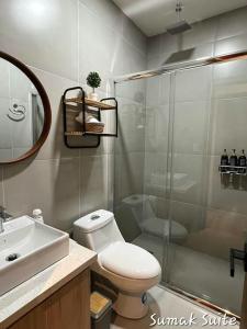 a bathroom with a shower and a toilet and a sink at Sumak Suite in Cuenca