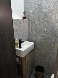 baño con lavabo y pared de azulejos en Humsidcy Hub, en Lagos