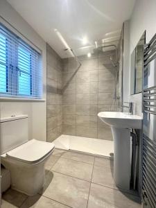a bathroom with a toilet and a sink at Modern 2 bedroom property with quirky décor in Chilcompton