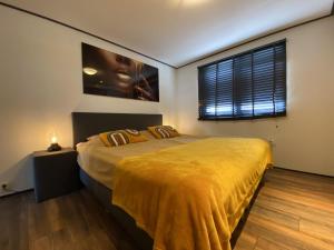 Un dormitorio con una cama grande y una ventana en De Kolibrie en Garderen