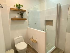 a bathroom with a toilet and a shower at Casa Zaguan in Cartagena de Indias