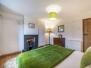 a bedroom with a green bed and a fireplace at 2 Bed in Wasdale SZ436 in Santon Bridge