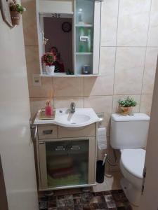 une salle de bain avec toilettes, lavabo et miroir dans l'établissement Casa Mimosa, à Gramado
