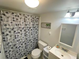 HUGE 2 bedroom Apt FREE street parking (king bed) في بالتيمور: حمام مع مرحاض ومغسلة ومرآة