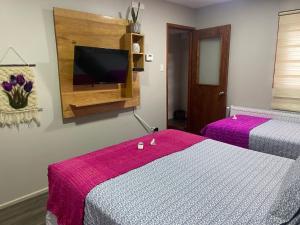 a bedroom with two beds and a tv on the wall at Cabañas Bosque Austral in Punta Arenas