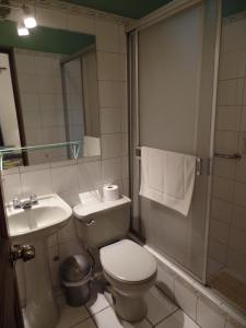 een badkamer met een toilet, een wastafel en een spiegel bij El Patio Miraflores in Lima