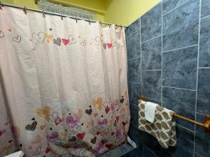 a bathroom with a shower curtain with hearts on it at Estuary Apartment 2 in Dunfermline