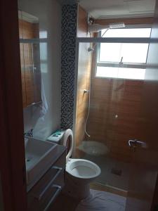 a bathroom with a toilet and a sink and a shower at Apartamento locação diária - residencial Belize in Botucatu
