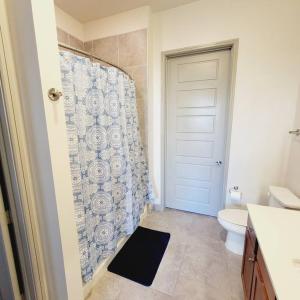 a bathroom with a shower curtain and a toilet at Downtown Dream Toyota Ctr/George R Brown/Minute Maid Stadium in Houston