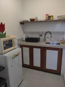 a kitchen with a sink and a microwave at Bonito y cómodo apartamento in Sucre