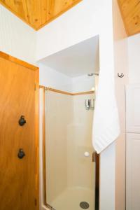 a shower with a glass door in a bathroom at Glacier Hideaway - Mt Baker Cabin - AC, Hot Tub, BBQ, Hiking, WiFi in Deming +26 photos