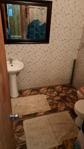 een badkamer met een wastafel, een toilet en een spiegel bij Cabaña jazmin in Chaitén
