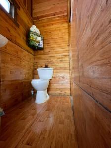 a bathroom with a toilet in a wooden room at Cabaña de montaña in Paraíso