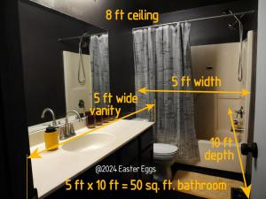 baño con lavabo y cortina de ducha en Easter Eggs duplex en Rochester