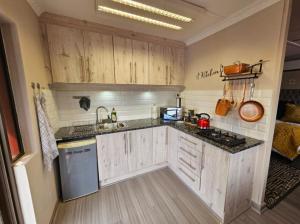 - une cuisine avec des placards en bois et un comptoir dans l'établissement Le-n-Biki Air B&B, à Harrismith