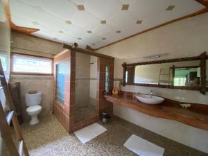 a bathroom with a sink and a toilet and a mirror at Elje Villa in La Digue