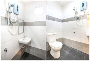 Duas fotografias de uma casa de banho com WC e lavatório. em OYO 89660 Raudhah Inn Hotel em Kampong Bukit Kechil
