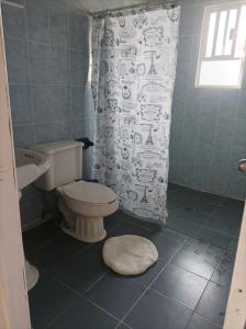 ein Bad mit einem WC und einem Duschvorhang in der Unterkunft Casa de mamá in Santa María Azompa