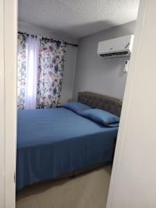 Un dormitorio con una cama azul y una ventana en Comfy and cozy en Kingston