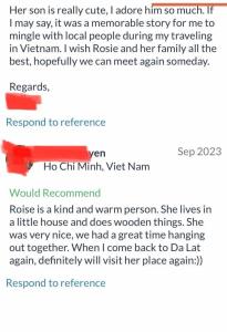 a screenshot of a text message about a mom complaining that her son is really cute at RosiesHome in Da Lat