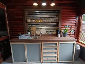 a kitchen with a sink and a counter at Fire Fly Cabin in Knysna