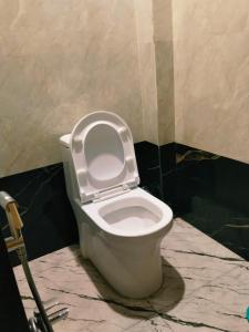 a white toilet with the seat up in a bathroom at Hotel Raipur Pride in Raipur