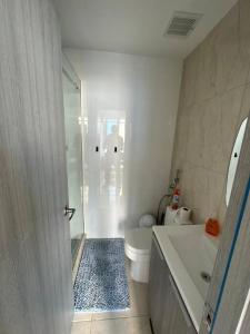 a bathroom with a shower and a toilet and a sink at Amazing Ocean View 1bed Suite in Panama City