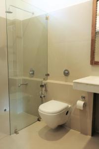 迪馬普爾的住宿－Heirloom Guesthouse，一间带卫生间和玻璃淋浴间的浴室