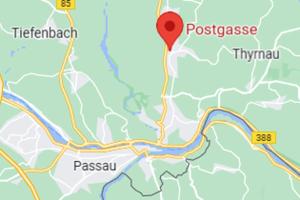 a map of passau with a red marker at Beautiful House in Salzweg in Salzweg