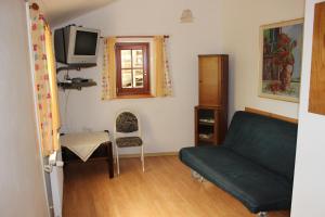 a living room with a couch and a tv at Penzion Gomelská in Horní Stropnice +14 photos