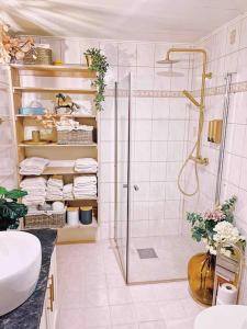 uma casa de banho com um chuveiro e um lavatório. em Smie på sjarmerende og historisk gård 