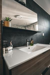 a bathroom with a white sink and a mirror at GITE , AU DORMEUR DU VAL in Vireux-Wallerand