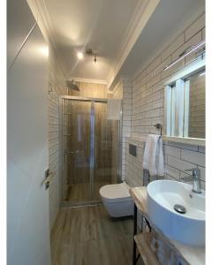 een badkamer met een douche, een toilet en een wastafel bij My Dream Bozcaada in Bozcaada